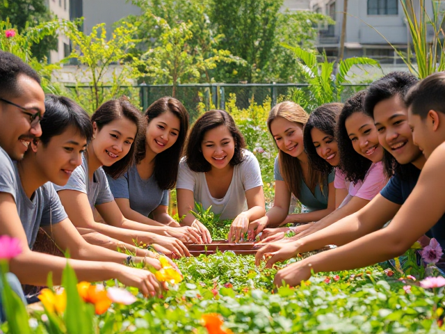 A group of diverse people joyfully working together on a community project, creating sustainable products and services. The scene is set in a vibrant urban garden, surrounded by greenery and blooming flowers. The style is realistic with highly detailed textures and expressions. Bright natural lighting casts soft shadows, enhancing the happy and collaborative atmosphere. Camera positioned at eye level to capture the participants' enthusiasm and teamwork.