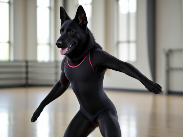 Anthropomorphic black German shepherd with broad shoulders, wearing a gymnastics leotard, inside a gymnasium, dynamic pose