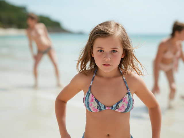 Little girl in a bikini scared
