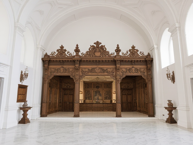 Une malle ancienne ouverte en bois avec des decorations style sculture en bois dans une gigantesque piece entièrement blanche avec  moulure au murs et sol marbre