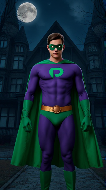 Dramatic scene: A young, Autistic 25-year old boy with light skin and flat, smooth, and slick brown hair with a singular curled bang in the shape of a P sticking out at the front named T.J. Granger, but transformed into a genetically-altered superhero named Powerman, who, despite still being a young adult kid, has an extremely muscular body. He wears a sleek purple bodysuit with a green P symbol on his chest, a golden belt with a circular buckle, green briefs, green boots, green long-cuffed gloves, a really big, toe-length long, ultra-wide green cape wreathed around his neck, and a green eye mask that protects his true identity and also causes his pupils to magically disappear as his eyes glow an eerie white. He also has incredible and invincible superpowers flowing through his veins. In this scene, Powerman is currently standing just outside of a mysterious abandoned mansion at night, ready to begin his investigation.