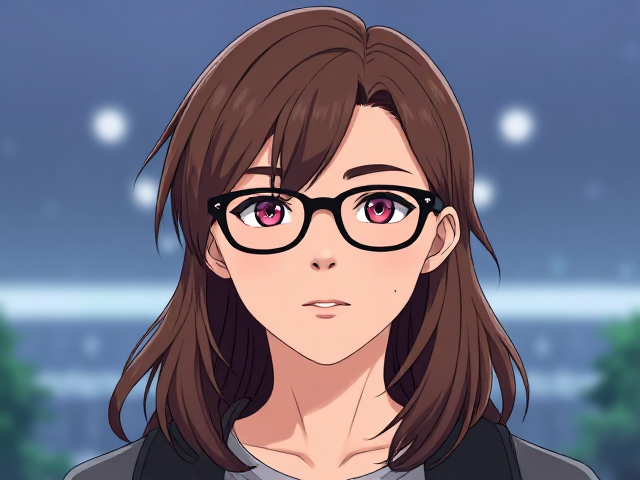 The personnage have a black glaces with long brun hair is a man the âge is ten year is à Fan of Pokémon