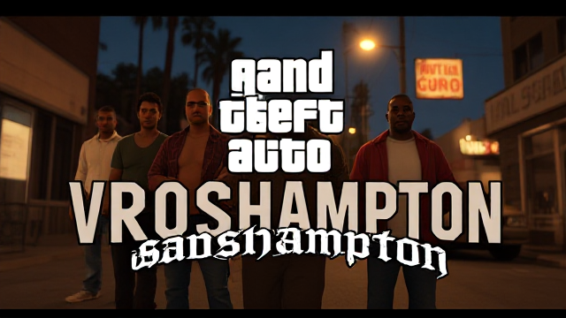 Design a poster inspired by the iconic GTA San Andreas loading screen style, replacing the title with 'VROSHAMPTON' in the exact GTA San Andreas font. The poster should reflect the same bold, comic-style visuals and include five characters similar to those seen in GTA San Andreas. Keep the characters subtle and slightly blurred in the background, while the focus remains on the text 'VROSHAMPTON.' Add soft film grain and cinematic lighting for realism, resembling the quality of a Panavision Panaflex camera from 80s movies. The backdrop should evoke a Los Santos (Los Angeles) urban street vibe, ensuring the design captures the essence of a GTA San Andreas poster.