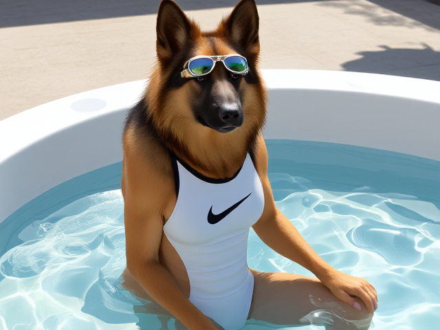 A tall and lean anthropomorphic long haired German shepherd with a long torso and broad shoulders wearing a white high cut Nike one piece swimsuit and swimming goggles while sitting in a hot tub