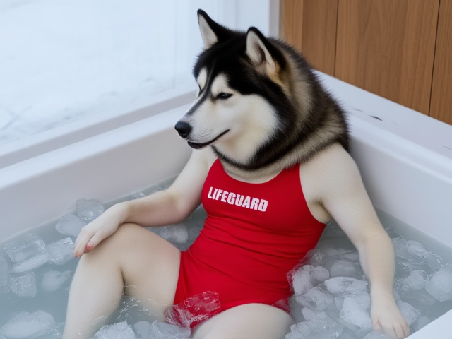 A anthropomorphic alaskan malamute wearing a red lifeguard one piece swimsuit sitting in a ice bath relaxing her sore muscles