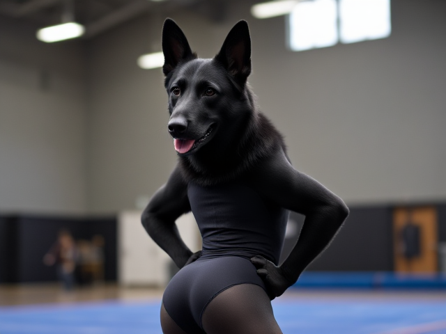 Anthropomorphic black German shepherd wearing a gymnastics leotard, posing with emphasis on its hips in a gymnasium setting, detailed and vibrant colors