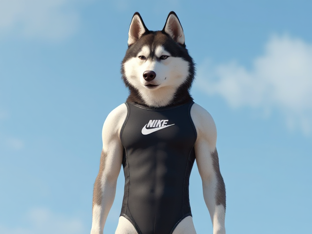 A tall anthropomorphic Siberian husky wearing a Nike one piece swimsuit