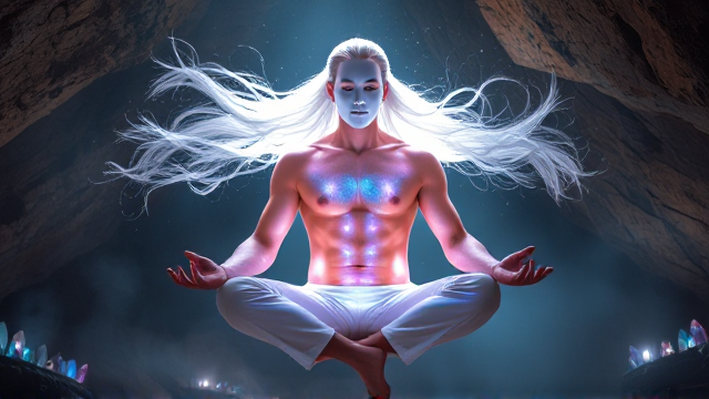 Homme en lévitation, torse nu avec un masque blanc sans visage, vêtu d'un pantalon traditionnel chinois, cheveux longs et blancs flottant autour de lui. Des lumières vibrantes parcourent les méridiens chinois de son corps iridescent et légèrement translucide, révélant un réseau complexe de lumière intérieure. Assis en position du lotus dans une ambiance mystique et lumineuse, exprimant énergie vitale et spiritualité. Environnement d'une grotte ornée de cristaux scintillants à l'arrière-plan, accompagnée d'une douce brume accentuant l'atmosphère spirituelle. Détails raffinés des muscles soulignant l'harmonie entre le physique et le spirituel