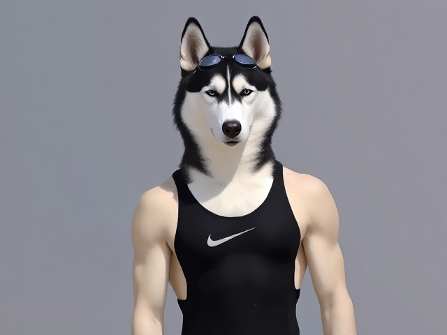 A tall Siberian Husky with a long torso and broad shoulders wearing a high cut Nike one piece swimsuit and swimming goggles