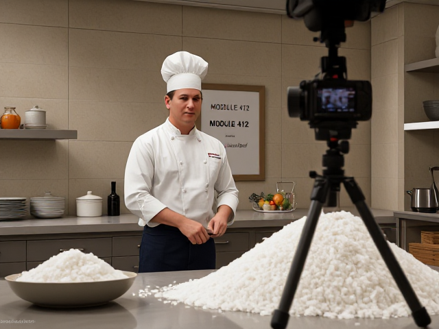 A chef stands in a kitchen in front of a counter.  There is a camera pointed at him.  There is a pile of salt.  The chef is chopping salt and talking to the camera.  A poster says "Module 412"