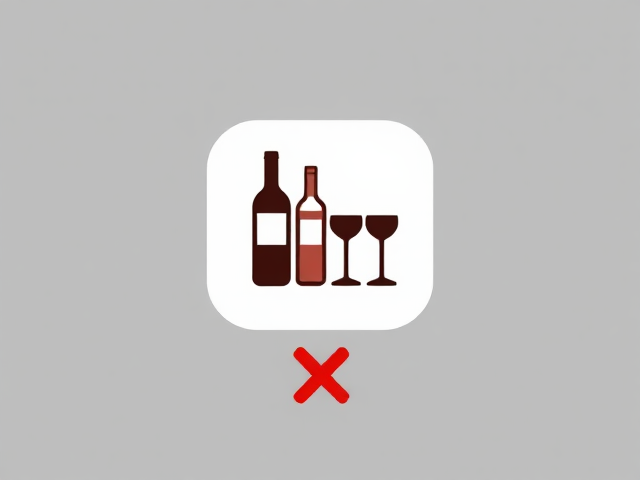 Add an icon of bottles and glasses, symbolizing alcohol or indulgence. Position this icon in the bottom-right corner, directly below the romance icon, maintaining symmetry with the work-at-desk icon on the left. Enclose it in a white, rounded square background, with a red "X" below it to emphasize avoidance.
