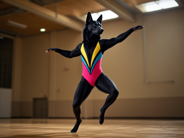 Anthropomorphic black German shepherd wearing a colorful gymnastics leotard in a gymnasium, performing a graceful routine, dynamic lighting, detailed fur texture