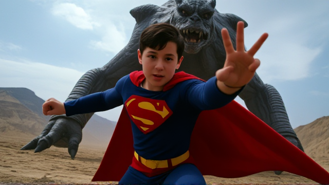 1990's Movie Action Scene: Jon Kent, AKA Superboy, the young, preteen 12-year old kid who is the super son of Superman, and the first kid to be born as the world's first Half-Kryptonian child, with an extremely muscular body, the iconic costume, the singular curled bang sticking out at the front of his flat, smooth, and slick black hair, and a long and ultra-wide red cape, fighting a giant monster in a wasteland in a strange dimension.