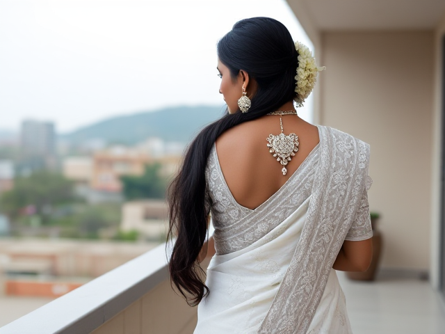 Indian woman dressed in a white saree with intricate white embroidery , and elaborate traditional jewelry including bangles, earrings, and a necklace, her back turned to reveal the detailed work on the saree. And long black hair, and NO face showing. The scene is set against a background of her on a balcony in Pakistan