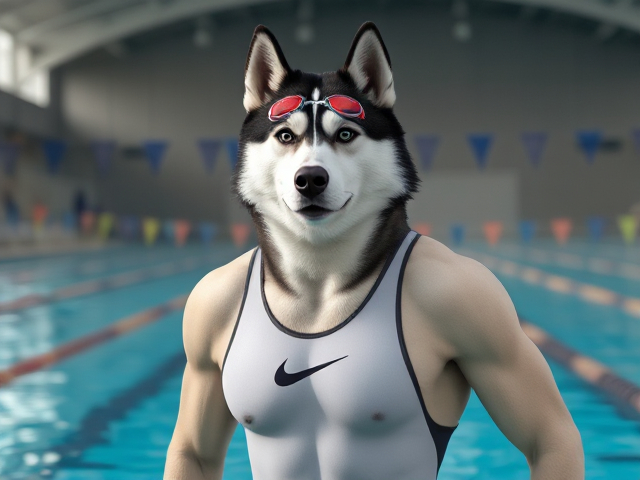 A tall anthropomorphic Siberian husky with a long torso and broad shoulders, wearing a high cut Nike one piece swimsuit and swimming goggles, in a Olympic swimming pool