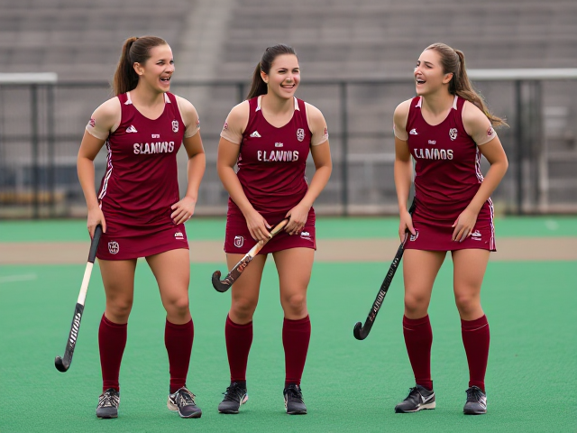 3 beautiful adult women field hockey players with great calf muscles in burgundy uniforms howling in hysterical laughter on a playing field