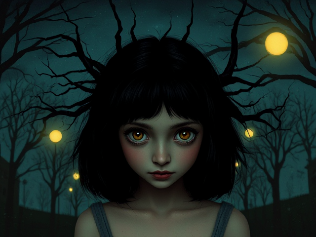 From the Depths of Anguish and Despair, Joy and Peace can not be Found. Girl. Inspired by Andy Kehoe, Tim Burton and Salvador Dalí. agony, amusement, desperation, pride, grief, bliss, despondency, satisfaction, heartache, love, discouragement, wonder, heartbreak, cheer, gloom, accord, misery, comfort, melancholy, friendship, sorrow, delight, misery, reconciliation, suffering, elation, pain, truce, torment, glee, woe, humor, whimsical, be Rown eyes