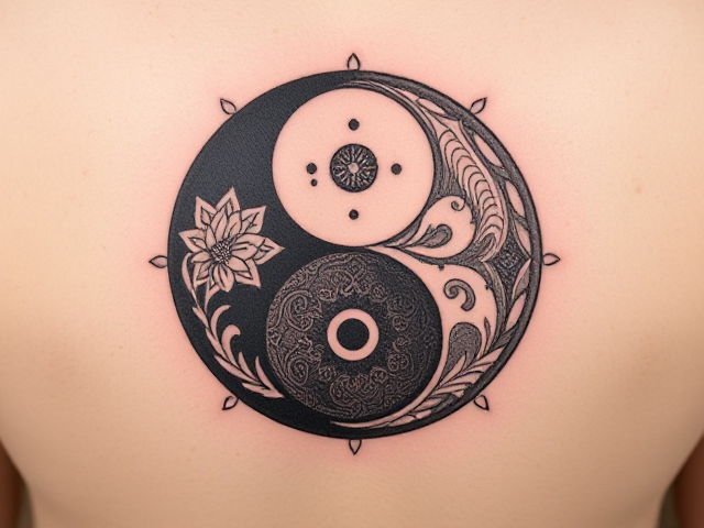 Tatouage yin yang détaillé avec des motifs artistiques complexes, style minimaliste, encre noire et blanche, symétrie parfaite, haute résolution
