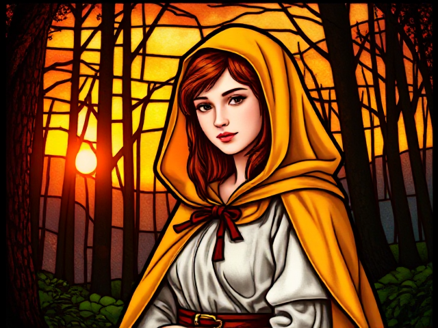 Medieval stained glass of a red headed teen girl wearing a bright yellow cloak and white tunic with an orange veil in the forest at sunset.