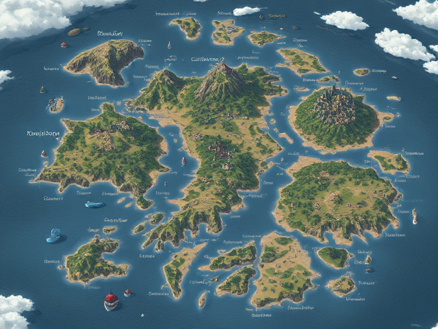 A fantasy map of a lot of big and small islands with  fantasy writing names and kingdoms, anime