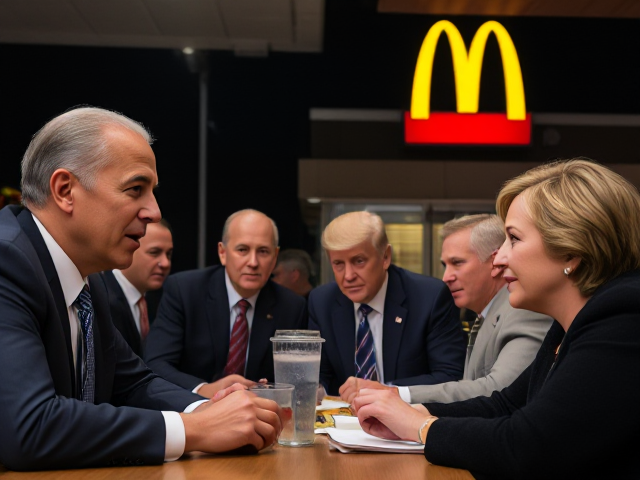 Barack Obama, Joe Biden, Donald Trump, Hilary Clinton, etc, at McDonalds at night