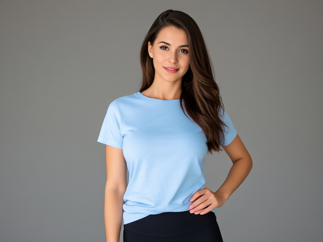 Beautiful Brunette wearing a light blue t shirt and black yoga pants