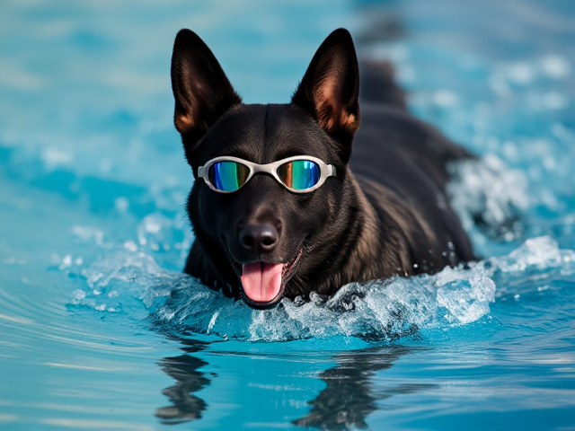A anthropomorphic black German shepherd swimming wearing a Nike swimsuit and goggles