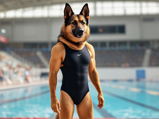 A tall ((anthropomorphic)) German shepherd Olympic swimmer with a long torso  wearing a one piece swimsuit standing on the pool deck
