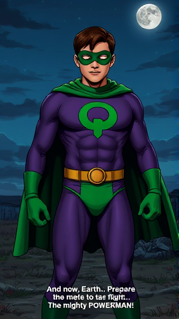Dramatic Comic Book scene: A young, Autistic 25-year old boy with light skin and flat, smooth, and slick brown hair with a singular curled bang in the shape of a P sticking out at the front named T.J. Granger, but transformed into a genetically-altered superhero named Powerman, who, despite still being a young adult kid, has an extremely muscular body. He wears a sleek purple bodysuit with a green P symbol on his chest, a golden belt with a circular buckle, green briefs, green boots, green long-cuffed gloves, a really big, toe-length long, ultra-wide green cape wreathed around his neck, and a green eye mask that protects his true identity and also causes his pupils to magically disappear as his eyes glow an eerie white. He also has incredible and invincible superpowers flowing through his veins. In this scene, Powerman is currently standing in front of a crashed alien mothership on the outskirts of a farm at night, ready for action as he prepares to take flight for the first time and fulfill his destiny. The subtitles at the bottom have Powerman say, "And now, Earth... Prepare to meet... The mighty POWERMAN!!"