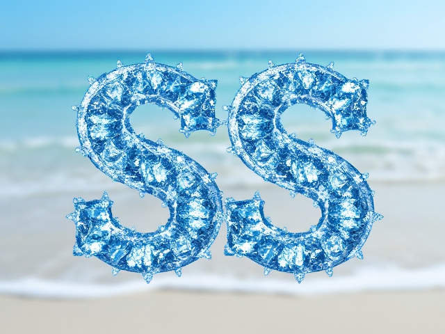 A double SS logo designed like a wallpaper, adorned with ice particles and water droplets, where each S has a blue shiny diamond ice texture and intricate details with a blue beach background setting
