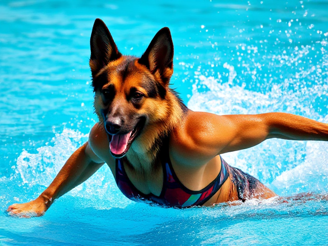 Anthropomorphic German shepherd playing water polo, intricately detailed swimsuit design with unique geometric patterns, shimmering scales, muscular and athletic physique with defined muscles, dynamic and powerful pose capturing mid-action, sunlight glistening on the textured wet fur highlighting each strand, vibrant and colorful aquatic setting with dynamic splashes of water droplets reflecting light, vivid background with realistic waves