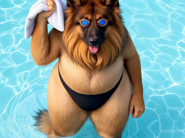tall anthropomorphic long-haired German Shepherd, large hips, wearing Adidas swimsuit, swimming goggles, drying off with a towel, detailed fur texture