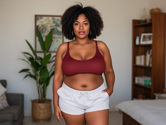 Middle aged fat black woman in tiny shorts and a tank top