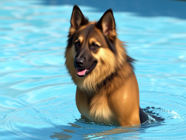 A anthropomorphic long haired German shepherd Olympic swimmer with a long torso, wearing a one piece swimsuit