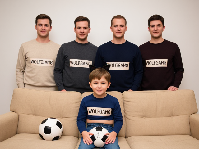 A staged, surreal family portrait indoors. In the background, five identical adult men stand shoulder to shoulder in a straight line. They all have the same hairstyle and facial expression, wearing different colored sweaters (beige, dark gray, navy blue, burgundy, and dark green). Each has a large paper sign taped to their chest that says “WOLFGANG” in bold black letters.
In the foreground, sitting on a beige couch, is a young boy. He has short brown hair, wears black cat ear headbands, a short blue crop top with a paper sign taped to it that says “FLORIAN”, and blue jeans. He is smiling gently and holding a black-and-white soccer ball on his lap.