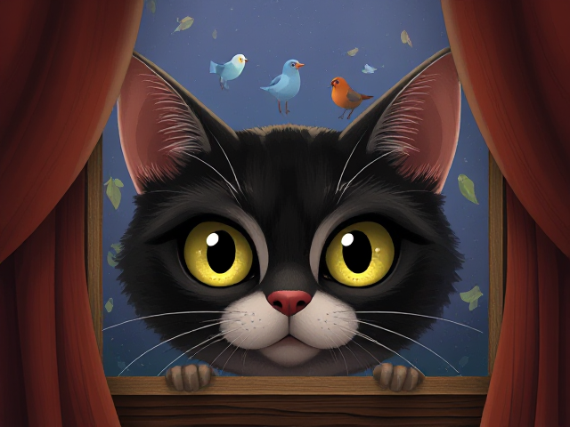 Cat eyes looking through the window at scared birds