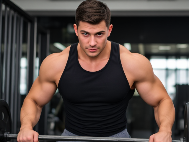 A fit and muscular man in his early 30s is lifting weights in a gym, his body glistening with a light sweat. His short, dark hair is slightly damp, and his chiseled jawline is accentuated by a clean-shaven face. He’s wearing a black tank top that clings to his broad chest and arms, along with gray athletic shorts. His intense green eyes lock with the viewer’s, showing determination and strength. The modern gym setting is equipped with sleek equipment, as the man appears mid-rep, showcasing his toned physique.
