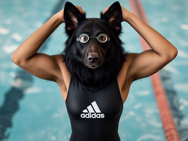A tall anthropomorphic long haired black German shepherd wearing an adidas swimsuit and swimming goggles stretching her arms out over her head before a swim