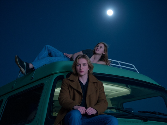A petite, 12 year old girl with strawberry blonde hair, wearing a pullover and  jeans, laying on the roof of a green, 1987 Chevy van. She is on her back, staring up at the night sky, stargazing. Besides her sits a modern day vampire in his twenties, with blonde hair and wearing a brown trenchcoat and jeans. He looks down, uneasy.