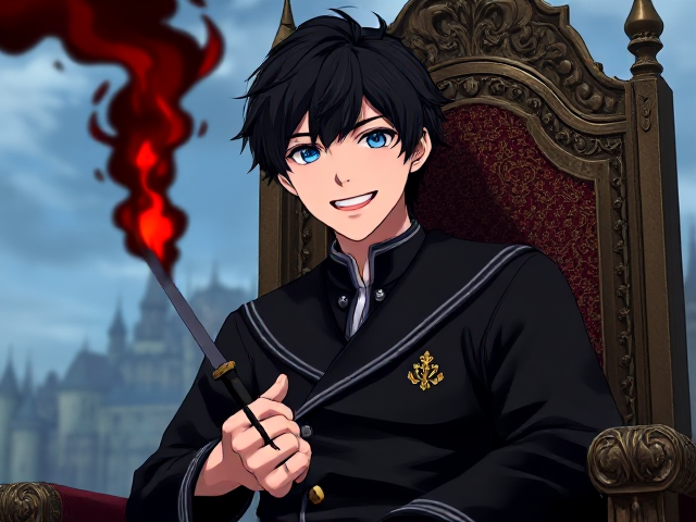 A young adult male with messy black hair and blue eyes sitting on a throne in a kingdom in the very distance, his left hand has dark blood red, black flames coming from it and in his right hand is a small short sword, he is wearing a naval style all black with gold badge on it clothes and he has narrow eyes and a huge grin, anime