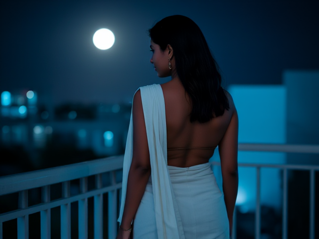 Skinny Indian woman's back turned on a balcony with a white saree on