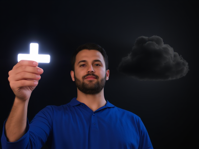 A man with a radiant deep blue aura holding a glowing mini cross, illuminating it towards a dark cloud on the right