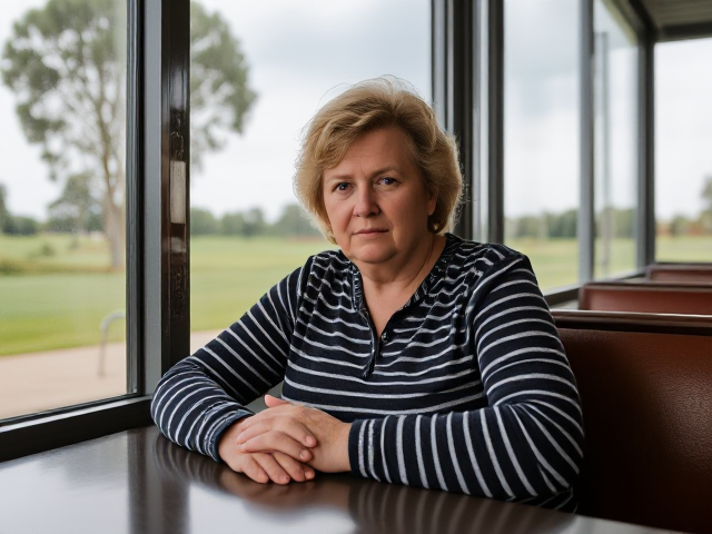 Crabby middle aged woman sits at a booth on a golf course