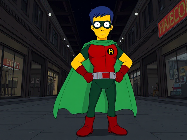 Cartoon scene: Milhouse Van Houten from The Simpsons, with his yellow skin, really big round nose, and blue hair that's slicked back and curled up at the top, but as a tall, 18-year old teenager, dressed as a parodied version of Robin, The Boy Wonder, with an extremely muscular body, wearing a dark green bodysuit with a red torso adorned with a small black circle with a light-green "H" symbol on his left pectoral, a silver utility belt with a red square buckle with silver pouches attached to it that hold all of his unique gadgets, red boots, red long-cuffed gloves, a really big, toe-length long, ultra-wide light-green cape wreathed around his neck held up by an inverted silver triangular button, and a light-green eye mask with optical lenses in it that protects his true identity, now known as Houseboy, The Nerd Wonder, the other half of Springfield's Dynamic Duo, and one of the greatest vigilante superheroes ever known in Springfield. In this scene, Houseboy is currently standing in a dark, abandoned mall at night, investigating the scene of the crime.
