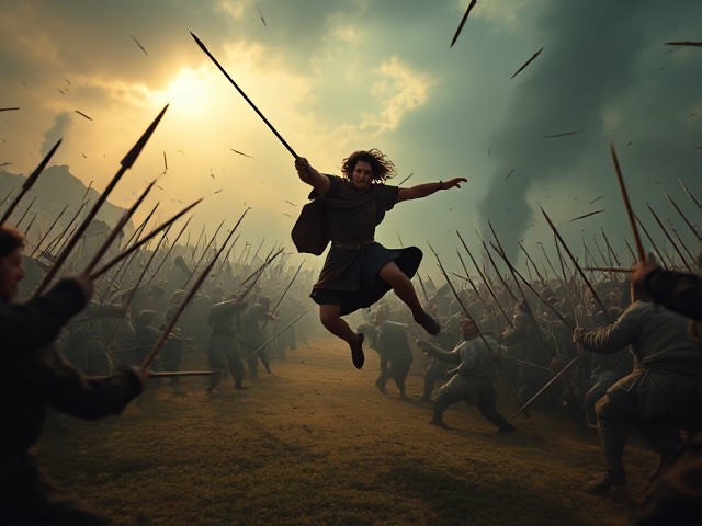 A warrior spinning amidst a battlefield, spears suspended in mid-air, dramatic lighting and intense atmosphere, dynamic action pose, vivid details