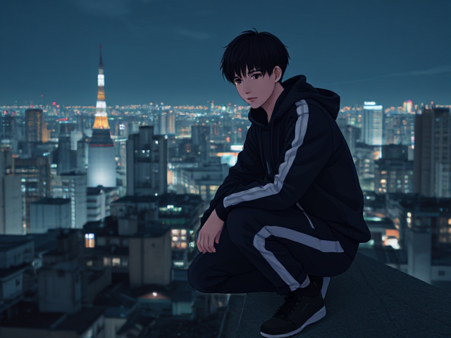 A Japanese young adult male with very short black hair and dark brown eyes on top of rooftops at night in Tokyo, Japan wearing a bulky tracksuit and bulky track pants and black high track shoes with white at the bottom and no laces looking down upon Tokyo, anime and kneeling