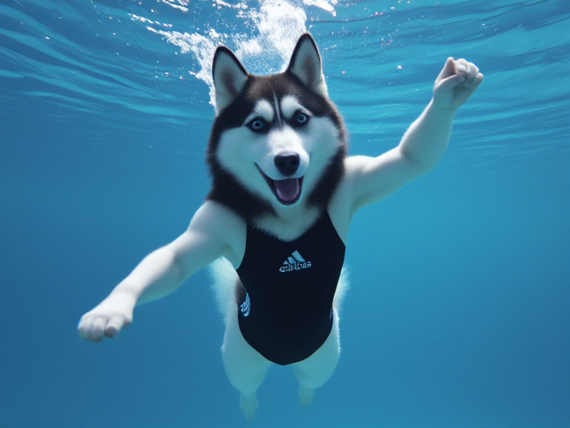 A anthropomorphic Siberian husky wearing an adidas swimsuit and swimming goggles dancing underwater