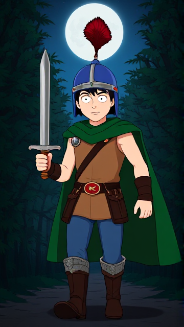Dramatic Cartoon scene: Stan Marsh from South Park, light skin and black hair, but as a 14-Year Old teenager with a muscular torso, dressed as a medieval warrior, wearing a light brown tank top, a black belt with a red buckle adorned with a castle emblem with brown pouches and the scabbard for his enchanted sword attached to it, blue jeans, steel armored boots, jeweled wrist cuffs, a really big, heel-length long, ultra-wide green cape held up by two silver buttons with red jewels with a strong unbreakable wire connecting them both, and a blue helmet with buffalo emblems on both sides, outlined by silver steel rims going around and across the top, with a really long red feather sticking out at the top. He is now known as Sir Marsh. Despite still being a teenage kid, he is the Youngest Commander of the Zaronian Army, and one of the youngest and greatest heroes hailing from South Park, Colorado, but now reborn as the real life Kingdom of Kupa Keep, Zaron. With his signature enchanted sword, the Slashing Blade Of The Ranger, held tightly in his hand, the young teenage hero is currently walking through a dangerous bramble maze in the dark of the night as he searches for the way out.