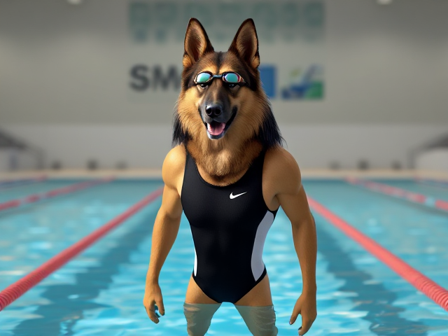 A tall anthropomorphic long haired German shepherd with a long torso and broad shoulders, wearing a high cut Nike one piece swimsuit and swimming goggles, in a Olympic swimming pool