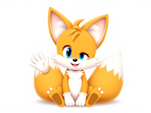 Miles “Tails” Prower, the two-tailed anthropomorphic fox from the video game series Sonic the Hedgehog, sitting cutely in front of a blank white background, with one hand in the air waving and his other hand resting on one of his two fluffy tails, Tails has cute smile on his face that is showing off his cute tiny little fox fangs, Tails also has blue pupils.